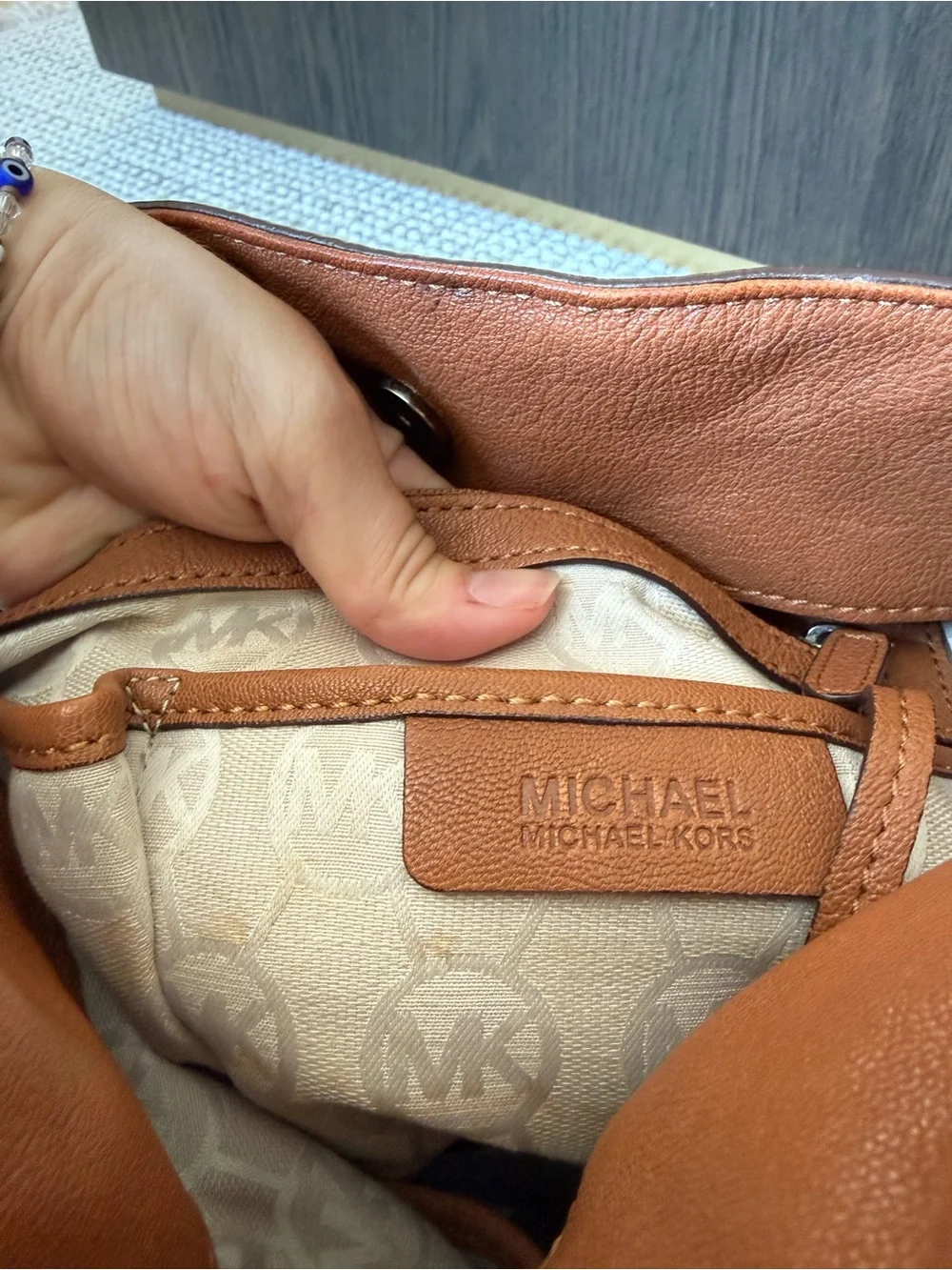 Michael Kors Cognac Leather Shoulder Satchel with Silver Hardware